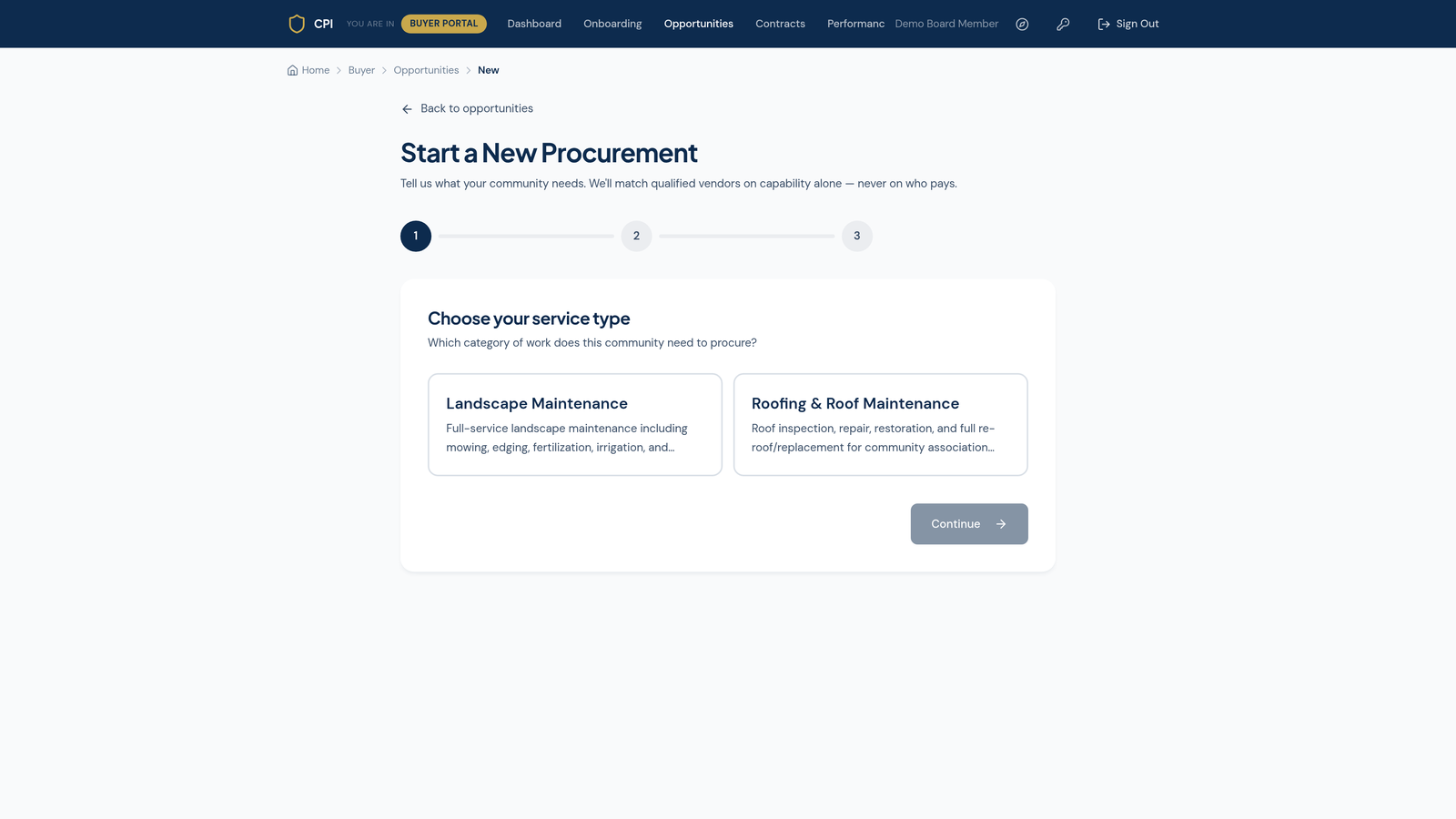 Start a New Procurement, step one: choose the service type, with the on-screen promise to match on capability, never on who pays.