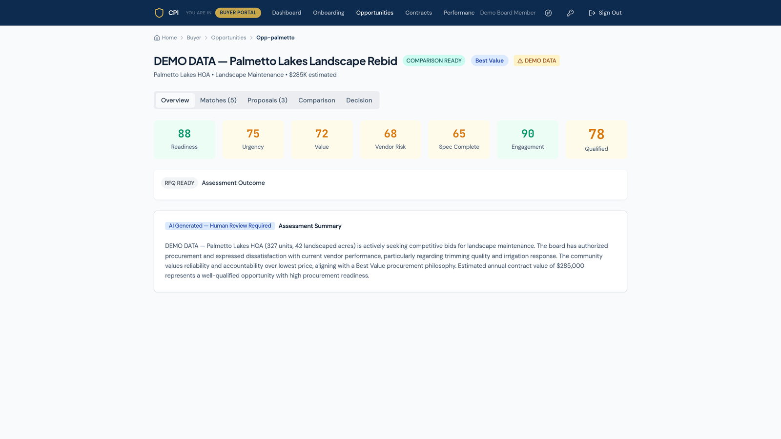 The live opportunity overview page with Overview, Matches, Proposals, Comparison, and Decision tabs.