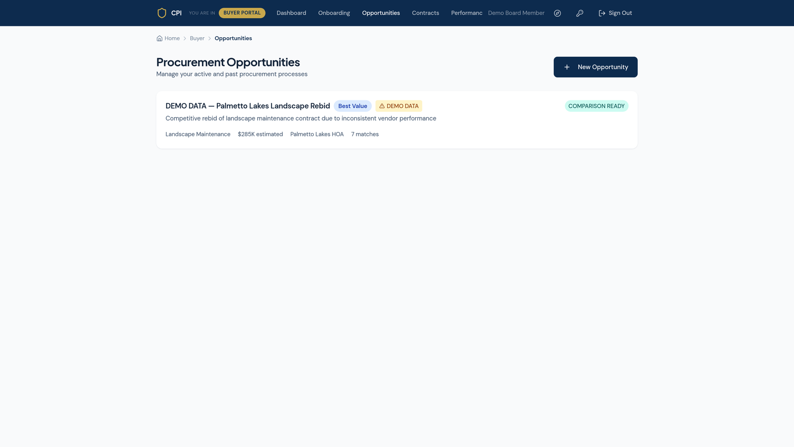 The Opportunities list showing the procurement moving to a recorded, comparison-ready decision.