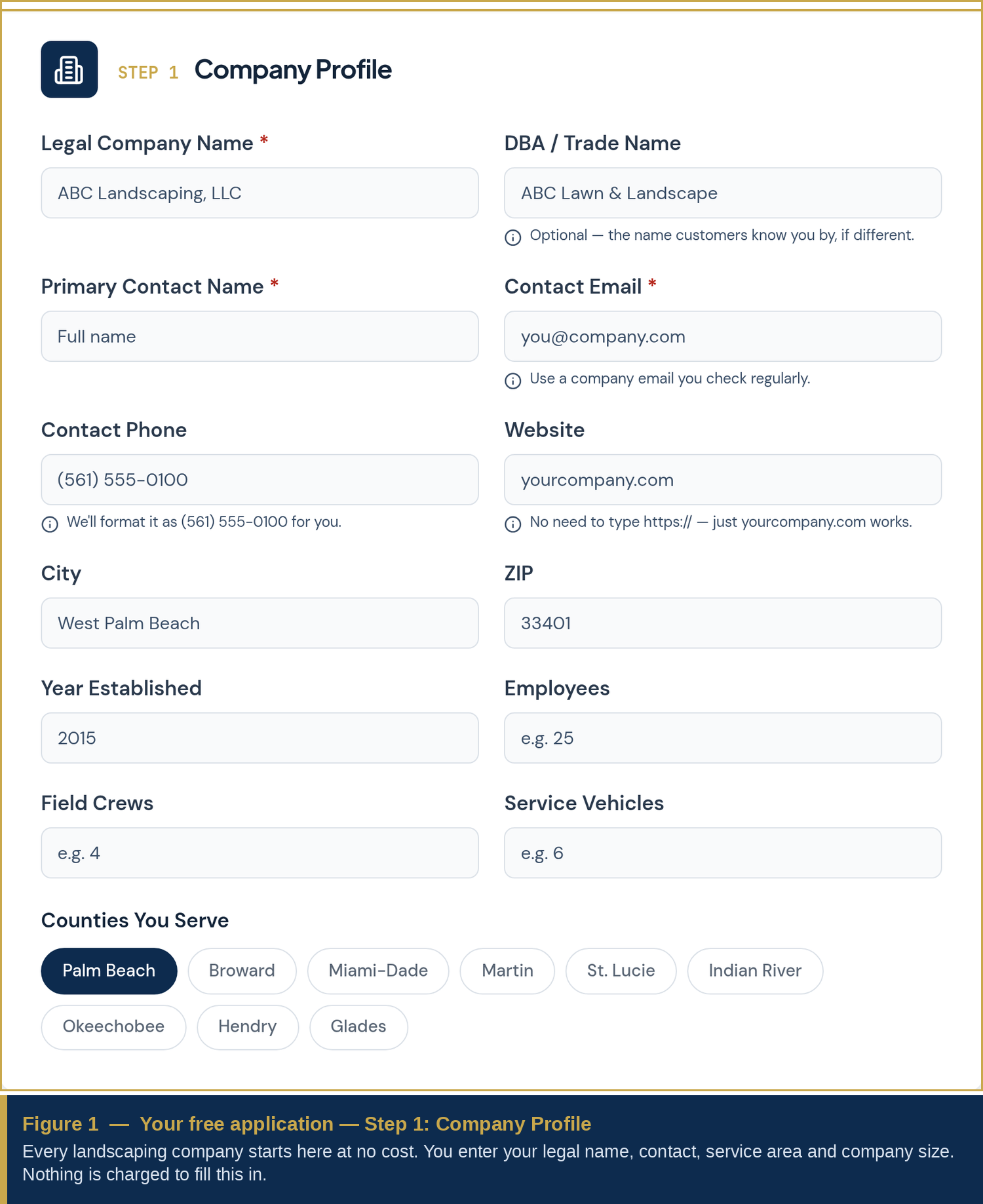 Step 1 Company Profile form